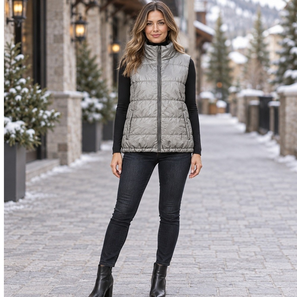 New York & Company Womens XXL Gray Quilted Fleece Lined Puffer Vest Zip Up